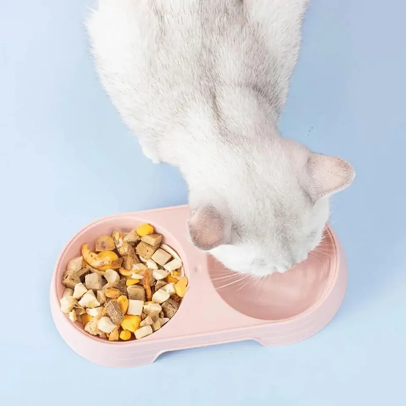 Pet Dishes Solid Color Double Bowl PP Material Cat Food Dispenser for Indoor - Image 2