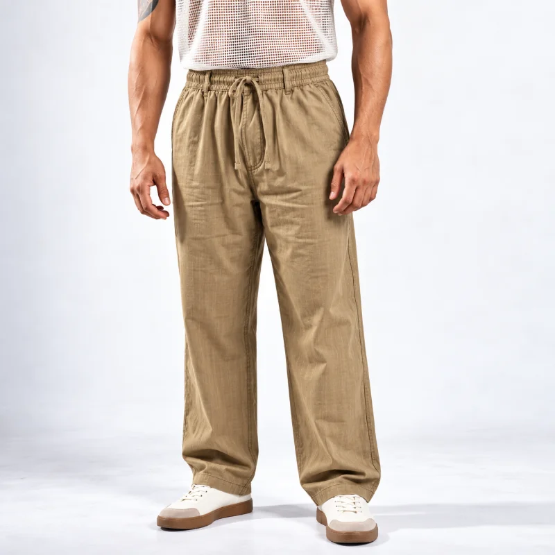 Remi Cotton Relaxed Fit Trouser - (Light Beige + Taupe Brown) - Image 3