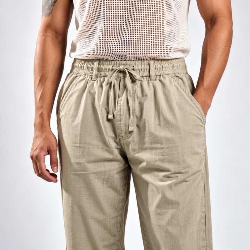 Remi Cotton Relaxed Fit Trouser - (Olive Green + Light Beige) - Image 4